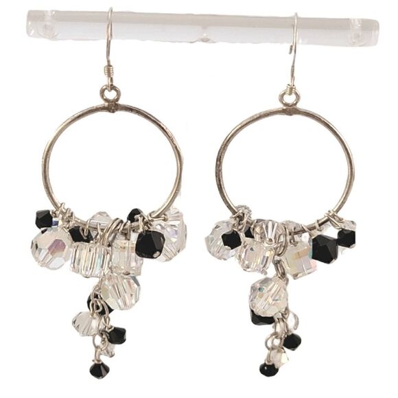 Sterling Crystal Iridescent Black Beaded Hoop Earrings - Picture 1 of 4